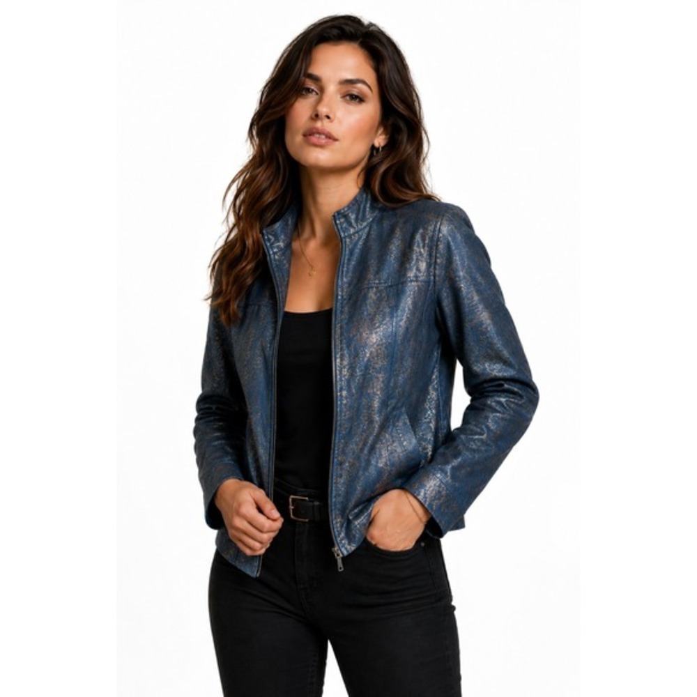Linear Metallic Foil Snakeskin‎ 90s Bikercore Jacket Women PM Blue Glam Edgy NWT